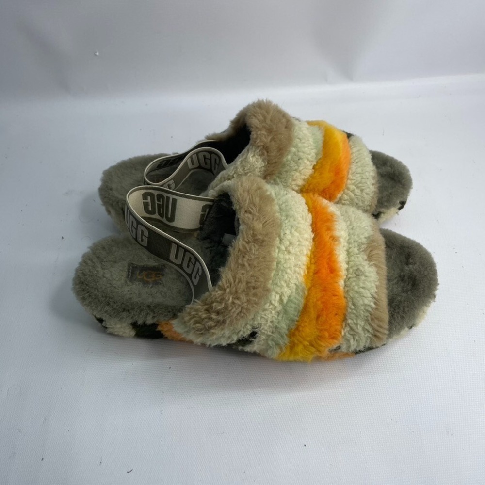 UGG Fluff Yeah Slide Cali Collage Sheepskin Sandals Womens Sz 10 Elastic Strap